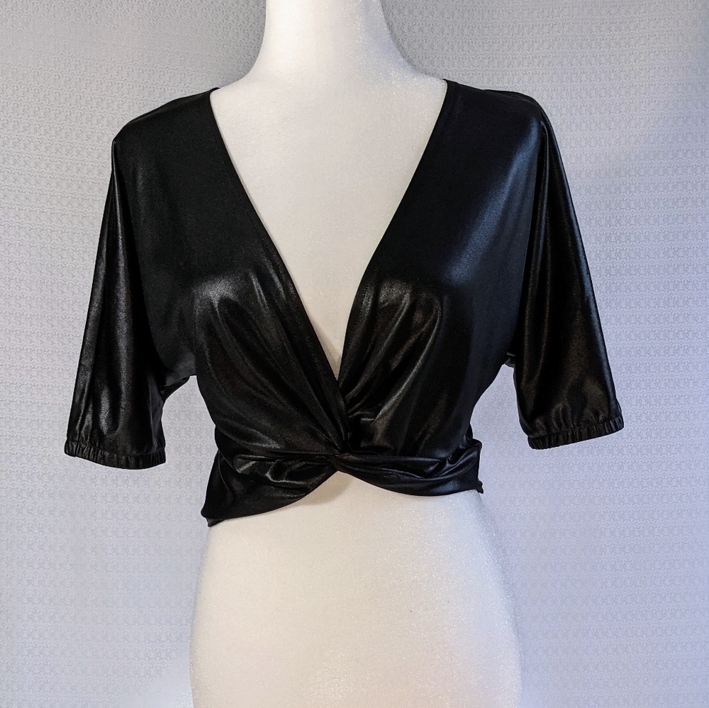 Black Twist Front Metallic Crop Top by VS